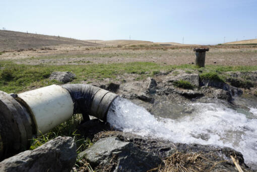 FILE - Well water flows from pumps into a canal that will be used to irrigate a vineyard, Monday, July 25, 2022, in Rio Vista, Calif.