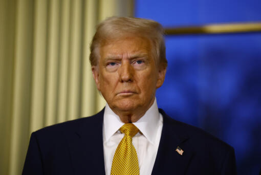 U.S. President-elect Donald Trump attends a meeting with French President Emmanuel Macron at the Elysee Palace in Paris, Friday, Dec. 7, 2024.