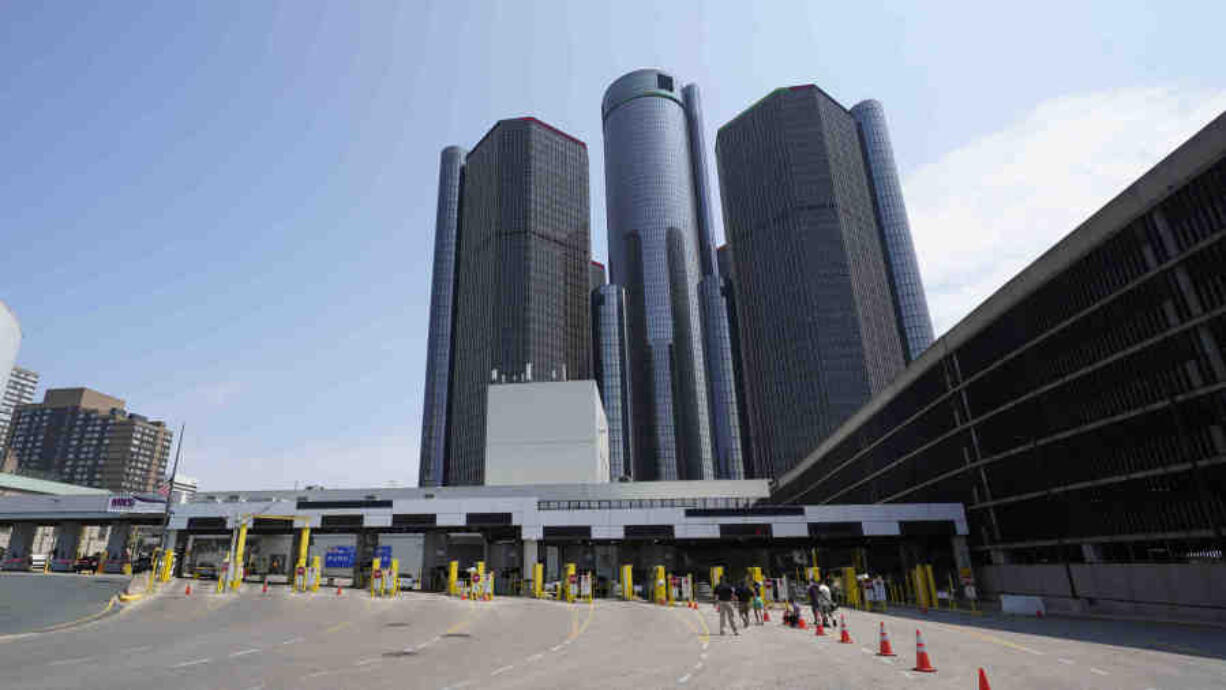 FILE - The Renaissance Center is shown near the Detroit-Windsor tunnel plaza in Detroit, Aug. 9, 2021.