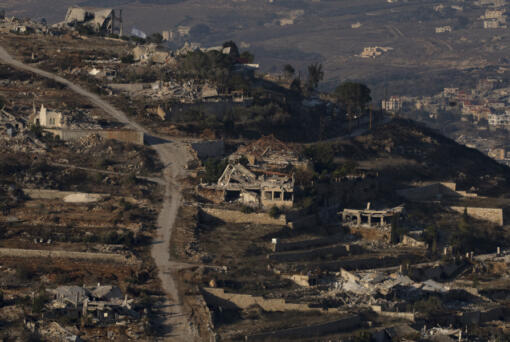 Destroyed buildings in the village of Kfar Kila, southern Lebanon, are seen from northern Israel, Tuesday, Dec. 3, 2024.