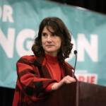 Rep. Marie Gluesenkamp Perez speaks to the crowd at an election night party at the Hilton Vancouver on Nov. 5. (Amanda Cowan/The Columbian)