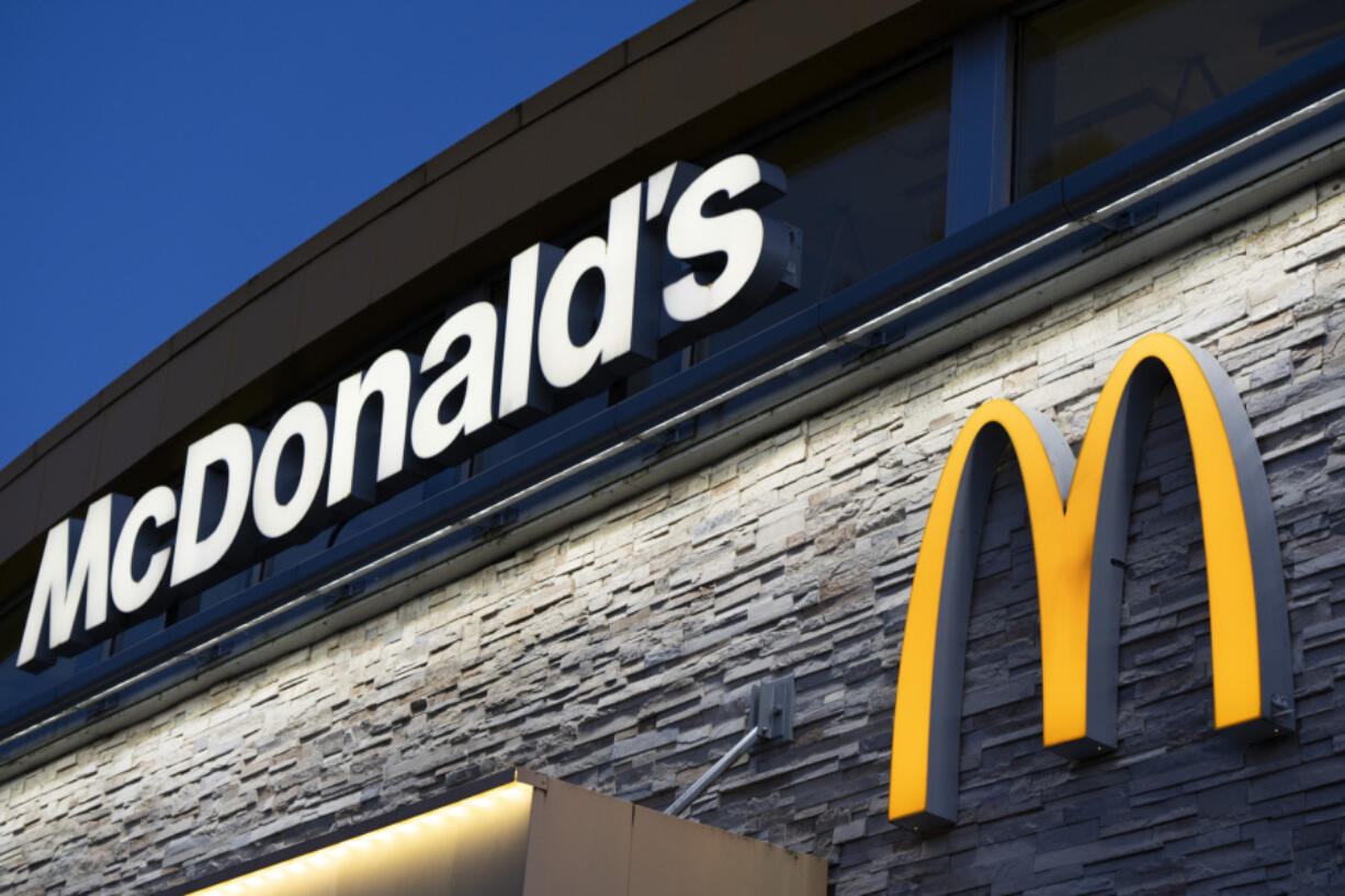 FILE - A sign at a McDonald&rsquo;s restaurant is displayed on April 29, 2024, in Albany, Ore.