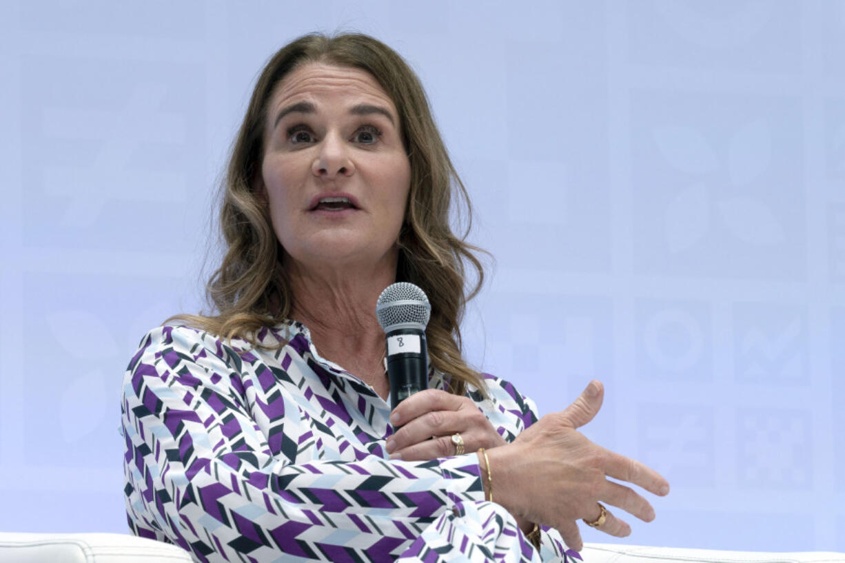 FILE - Melinda French Gates speaks at the Seminar: Digital Public Infrastructure: Stacking up the Benefits, during the World Bank/IMF Spring Meetings at the International Monetary Fund (IMF) headquarters in Washington, April 14, 2023.