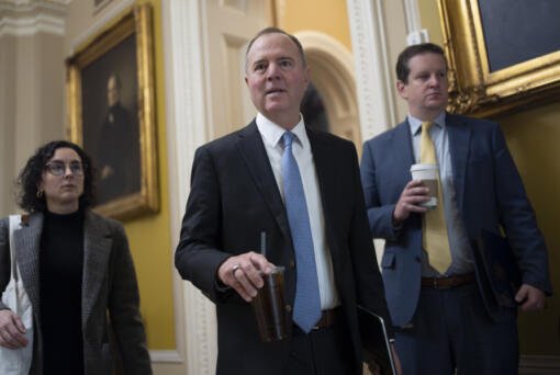 Sen.-elect Adam Schiff, D-Calif., arrives to meet with fellow Democrats for caucus leadership elections, at the Capitol in Washington, Tuesday, Dec. 3, 2024. (AP Photo/J.