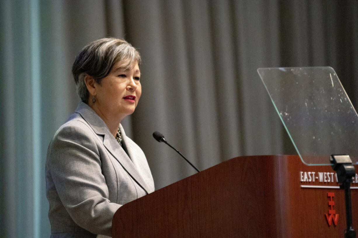 East-West Center President Suzanne Vares-Lum gives a welcoming speech before a private discussion with Taiwanese President Lai Ching-te at the East-West Center, Sunday, Dec. 1, 2024, in Honolulu, Hawaii.