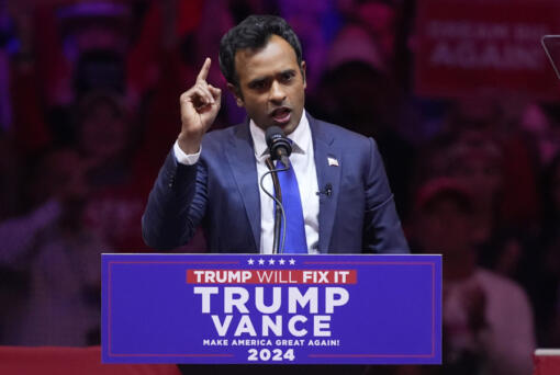 FILE - Vivek Ramaswamy speaks at a campaign rally, Oct. 27, 2024, in New York.