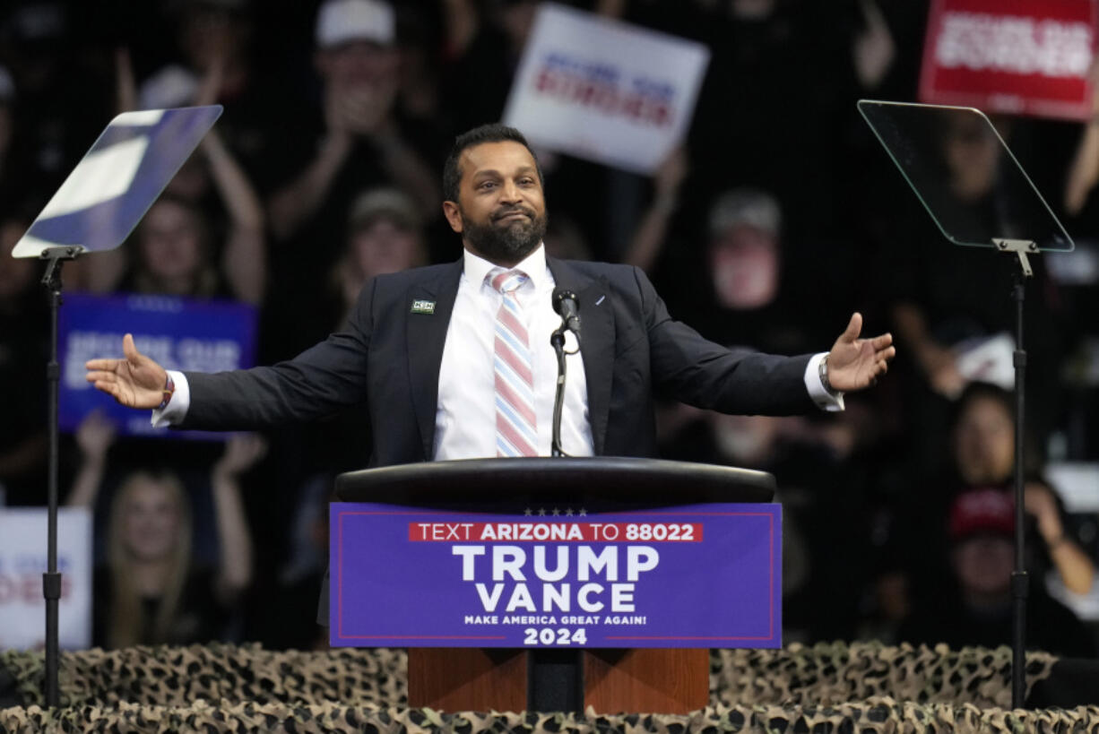 FILE - Kash Patel speaks before Republican presidential nominee former President Donald Trump at a campaign rally at the Findlay Toyota Arena Oct. 13, 2024, in Prescott Valley, Ariz. (AP Photo/Ross D.