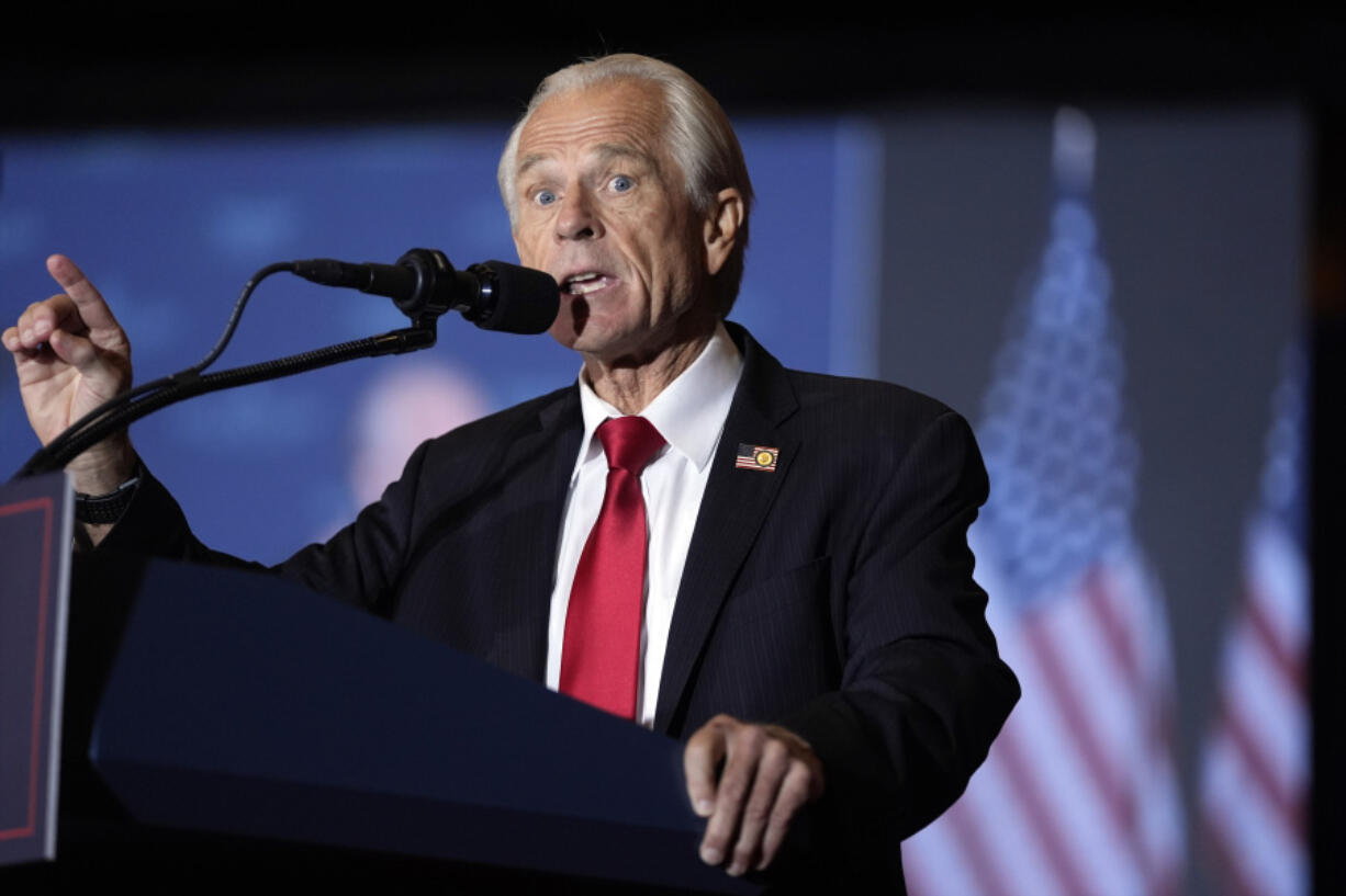 FILE - Peter Navarro speaks before Republican presidential nominee former President Donald Trump at a faith event at the Concord Convention Center, Oct. 21, 2024, in Concord, N.C.