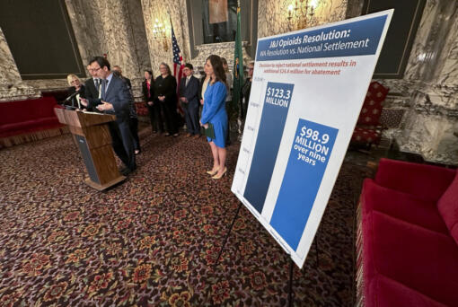 Washington Attorney General Bob Ferguson announces a $149.5 million settlement with drugmaker Johnson &amp; Johnson, more than four years after the state sued the company over its role fueling the opioid addiction crisis, in Olympia, Jan. 24, 2024.