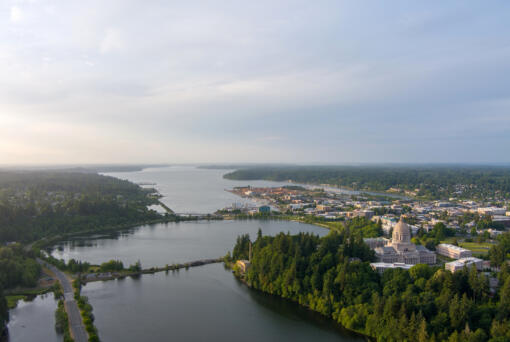 An aerial view of Olympia at sunset in June 2023.